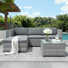 4-Seater Rattan Garden Corner Sofa Set with Glass Table & Cushion, All-Weather