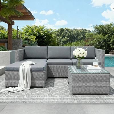 4-Seater Rattan Garden Corner Sofa Set with Glass Table & Cushion, All-Weather - Image 1 of 4