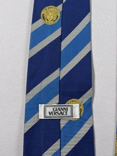 Vintage Gianni Versace Silk Tie Navy Blue Light Blue Silver Stripe Gold Medusa image 6