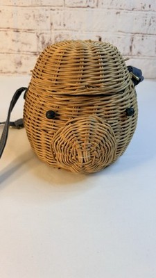 Natural Crossbody Bag Animal Face Pig Accent Blue Adjustable Strap Woven Pattern