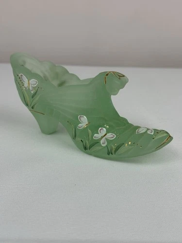 Fenton Glass Shoe 95th Anniversary Signed Hand Painted Butterflies Green Satin