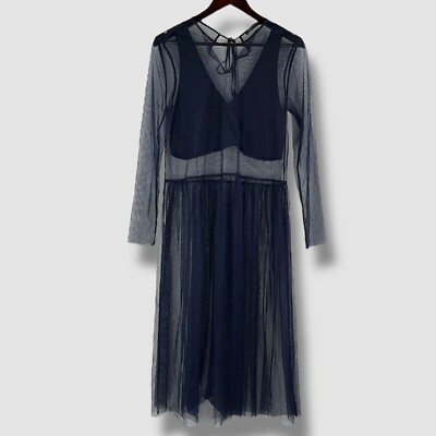 ZARA dunkelblaues Netz transparentes Midikleid Gr. S Small Lagenlook durchsichtig Tüll