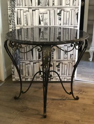 French Vintage Wrought Iron Black Marble Table Indoor Outdoor
