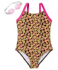 Emoji Faces One-Piece Fully Lined Swimsuit Goggles Girls Kid Size 4/5 Small S