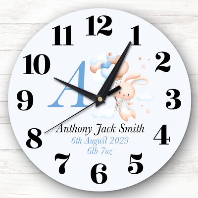 Blau schwimmende Baby Jungen Kinderzimmer Hase individuelles Geschenk personalisierte Uhr