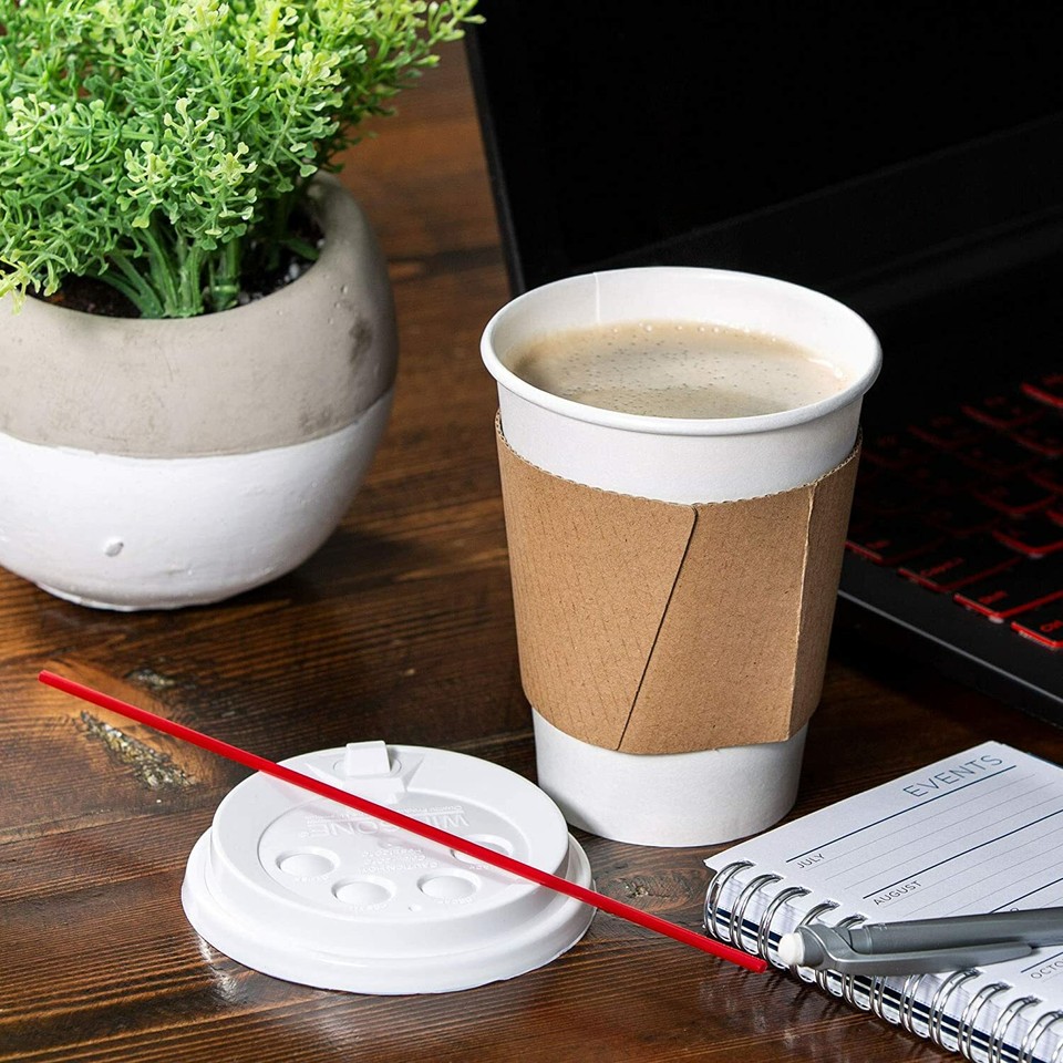 12oz [100 Set] Disposable White Paper Coffee Cups with Lids, Sleeves ...