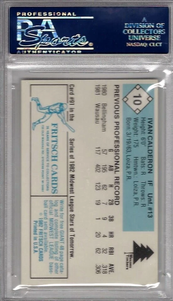 1982 Fritsch #10 Ivan Calderon RC PSA 10 Wausau Timbers -Mariners POP 3 Sox - Image 2 of 3