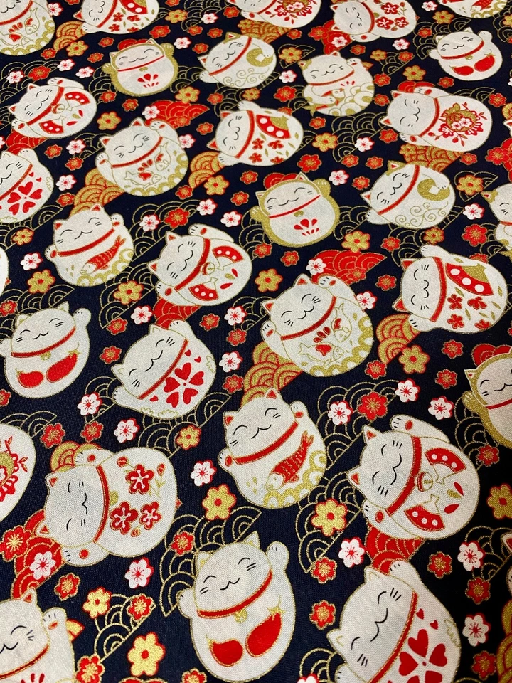 1/2 Yard Japanese Fortune Cat Maneki Neko With Metallic Gold Cotton Fabric  - image 2 of 4