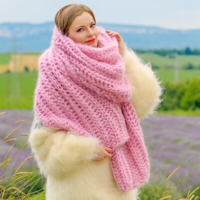 Thick pink fuzzy mohair scarf extra long shawl handknit neck