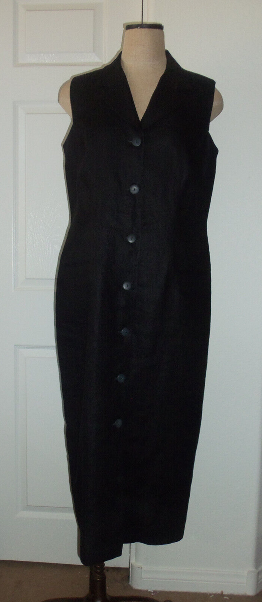 NY Sake Black Linen Sleeveless Button Front Notched Collar Lined Midi Dress  14 | eBay