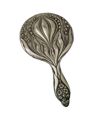 JUGENDSTIL SILBER HANDSPIEGEL BLUMENDETAILS L = 10,5'' MIT GRIFF