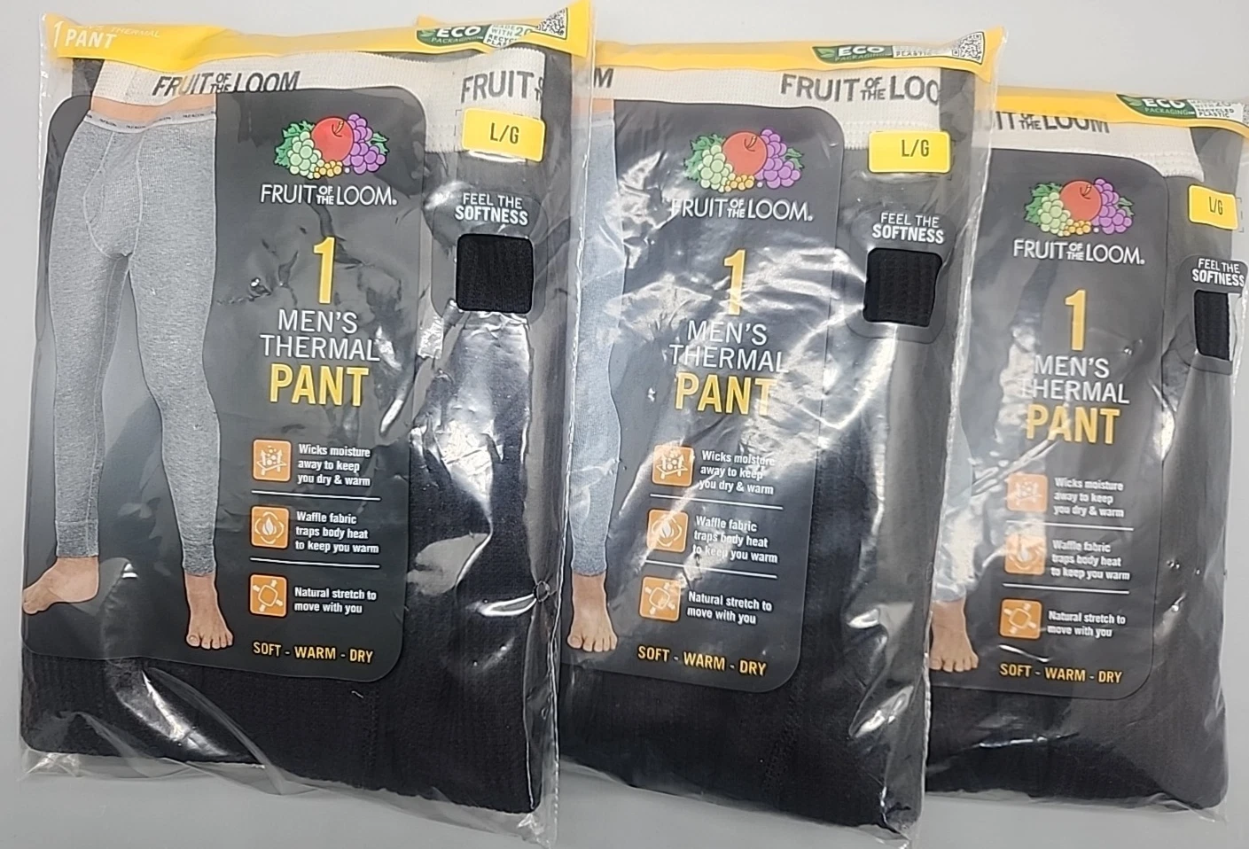 3PACK Mens Fruit of Loom Thermal Waffle Bottom Base Layer Pant Black Size Large