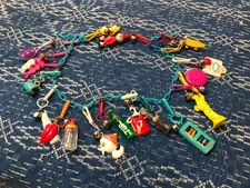 80's Bell 16 Charm Clip Necklace Oreo, lipstick, 7 up, duck, lips, tennis, coke