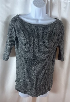 Ann Taylor Factory Gray Women s Ribbed Knit Sweater Size L 3/4 Sleeve Winter 