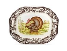 Spode Woodland 19" Octagonal Serving Platter, Turkey Motif - Fine Porcelain T...