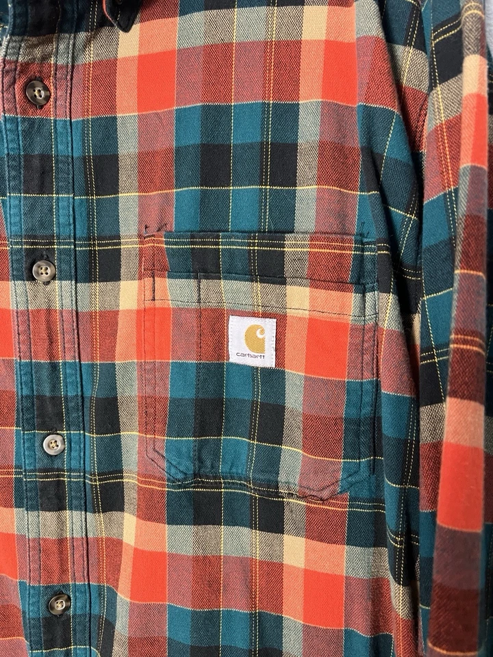 Camisa Carhartt Para Hombre 3XL Naranja y Verde Azulado Franela Pesada Usada en Excelente Condición Foto 4 de 4
