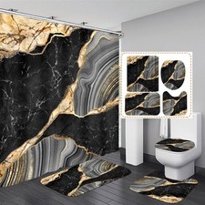4 Pcs Black Marble Shower Curtain Sets with Rugs Gold Bathroom Sets with Show...