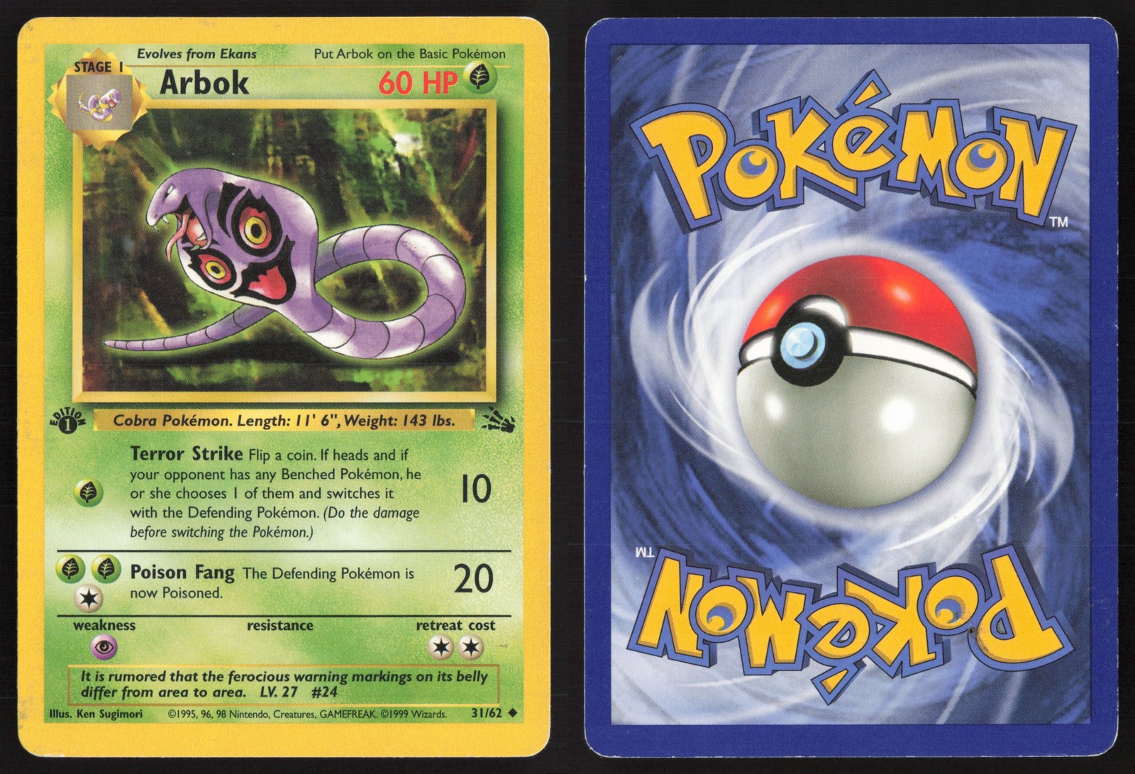 Pokemon TCG | Arbok 31/62 | Uncommon | Fossil | 1st Edition Moderately Played