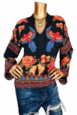 Rachel Zoe M Top Floral Birds Nature Print Low Cut Keyhole Blouse Knot Tie Front