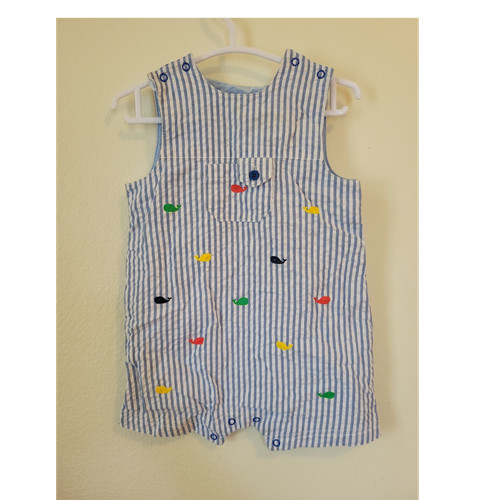 Little Me Striped Whale Seersucker Romper Blue Sleeveless 6-9 Months