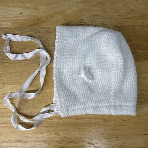 Vintage Baby Bonnet With Ties White Knit Lined Soft
