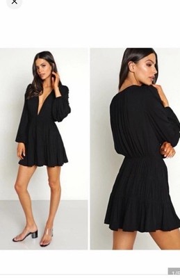 Indah Body Francesca Mini Dress Size 0 Black Deep V Ruched Long Sleeve
