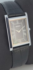 Working Seiko Slim 'Tank' Roman Black Dial SS Case Men's Wristwatch Leather Band
