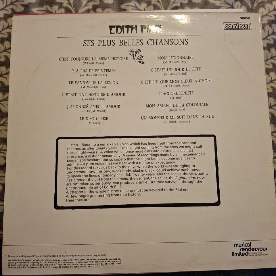 EDITH PIAF "SES PLUS BELLES CHANSONS" REISSUE VINYL LP VG+ - Image 2 of 4