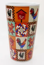 Trisa Rooster Patchwork Tall Coffee Mug Tea Cup Birds Hearts Roosters Birdhouses