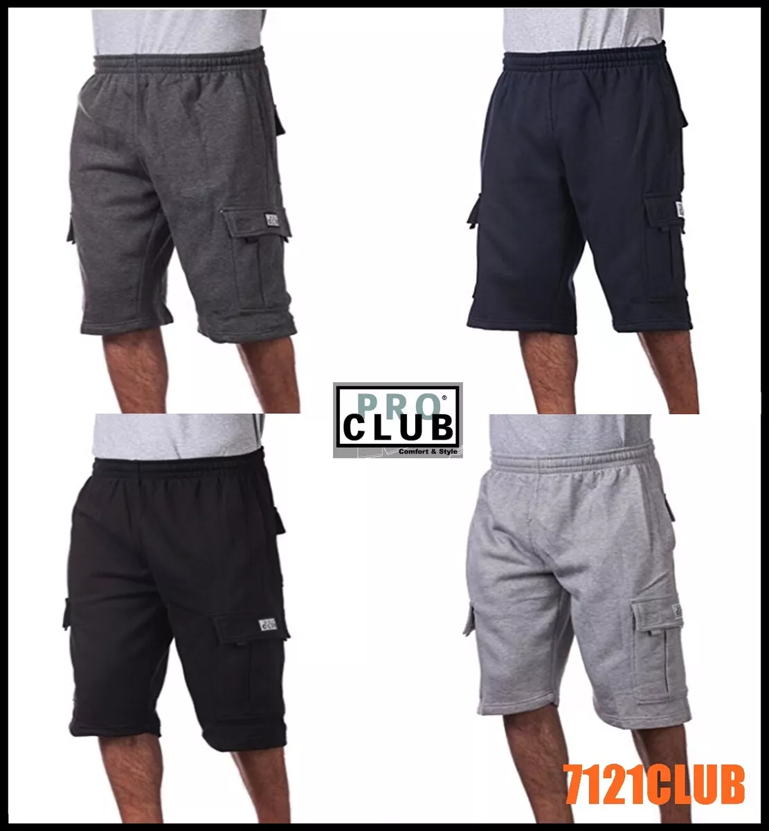 PRO CLUB Fleece Cargo Shorts Men's Casual Heavyweight Sweatpants 6 Pockets  S-7XL