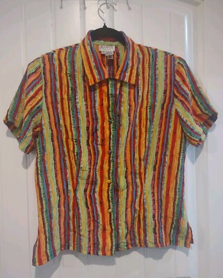 Vintage MCM Bold Silk Abstract Stripes Colorful Button Blouse Shoulder Pad