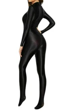 Women's Satin Bodystocking One Piece Catsuit Bodysuit Jumpsuit Attached Socks