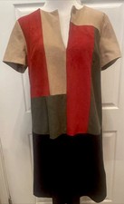 1.State Faux Suede Color Block Dress Split Autumn Burgundy Black Tan Sz MEDIUM
