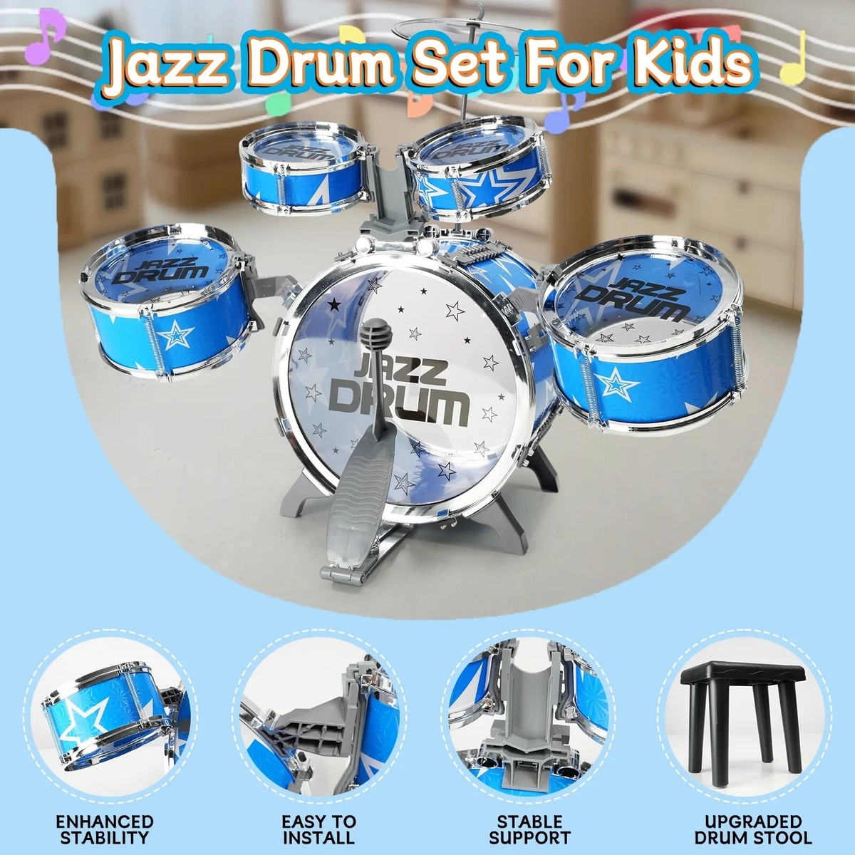 Kids Jazz Drum Set-10-Piece Musical Instrument Toy w/ Stool