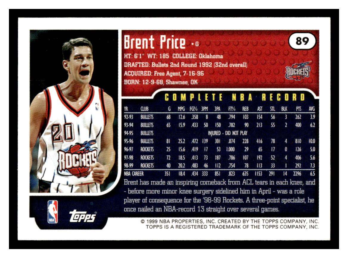 1999 Topps #89 Brent Price - Houston Rockets | eBay
