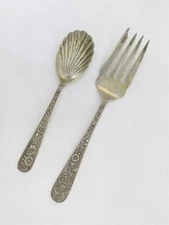 Kirk Stieff Sterling Silver Repousse (1924) Sugar Shell Spoon & Cold Meat Fork