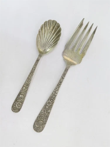 Kirk Stieff Sterling Silver Repousse (1924) Sugar Shell Spoon & Cold Meat Fork