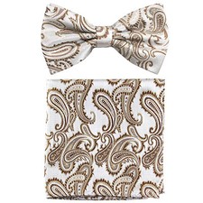 New Brand Q men's pre-tied bow tie  hankie paisley micro fiber light brown prom