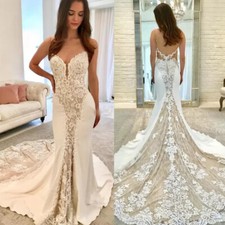 Sexy Mermaid Wedding Dress Lace Spaghetti Straps V Neck Backless Bridal Gowns