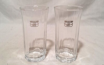 2 Vintage ASAHI Draft Beer Super ''Dry'' Beer Glasses Small Ribbed 5'' High Glass