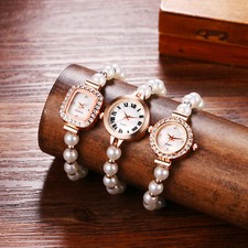 Reloj de pulsera de cuarzo con diamantes de imitación de perlas artificiales para mujer pulsera deslizante ajustable