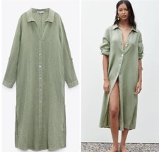 Zara 100% Linen Shirt Dress Long Sleeve Khaki Green Button Front