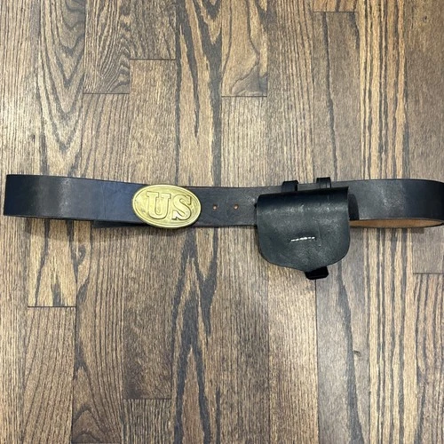 Repro Civil War Federal Waist belt, US plate w Arrow Hooks, Cap Box