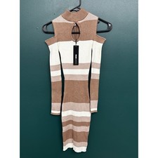 Fashion Nova Love You More Sweater Mini Dress Taupe Combo Cold Shoulder XS NEW