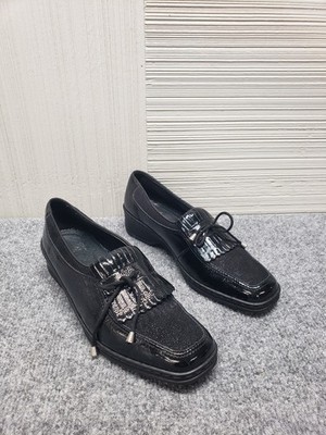 Ara Women loafers 4.5 Black Leather Matallic Accent Tie Detail Slip ON Formal