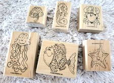 Lot Of 6 Wooden Rubber Stamps Ocean Animal Theme, New In Case For Crafting