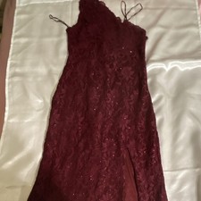 Nightway Burgundy Lace Glitter One Shoulder Gown Sleeveless Long Floral 10
