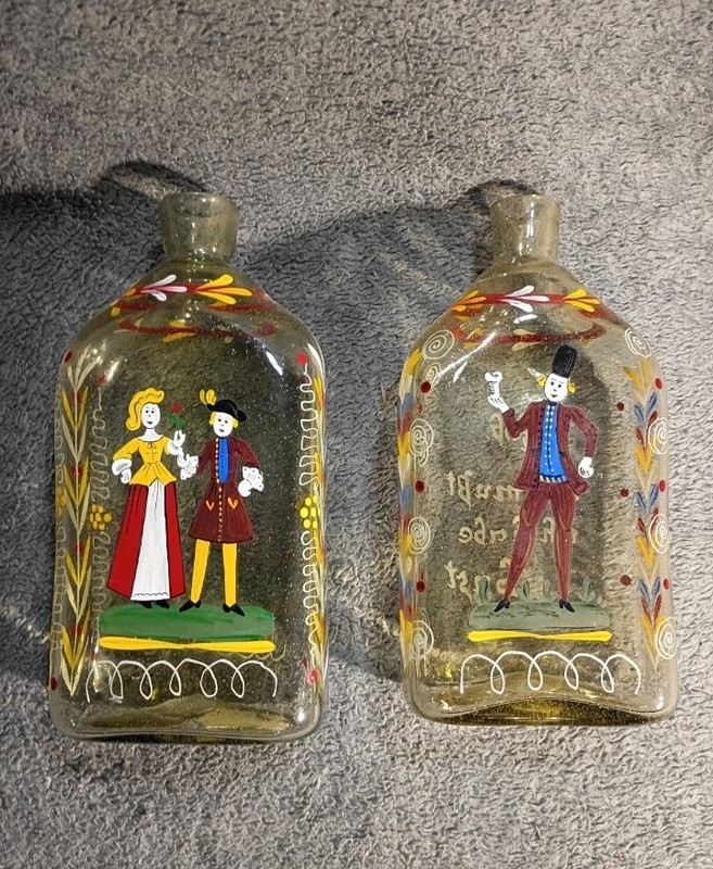 Lot of 2 Clear Art Glass Bottles w/ Stoppers, Hand-Painted Folk Art People