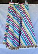 Vintage Multicolor Striped Maxi Skirt with Matching Belt and Pom Poms Sz M