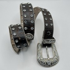 Rhinestone Studded Leather Belt Large Big Buckle Western Rodeo Glam Festival
